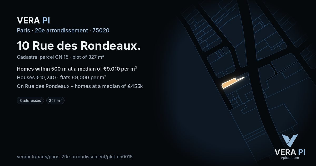 10 Rue des Rondeaux, 20e arrondissement at night – the plot lit, the parcels around coloured by the prices near them