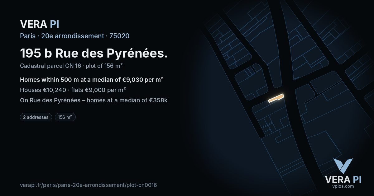 195 b Rue des Pyrénées, 20e arrondissement at night – the plot lit, the parcels around coloured by the prices near them