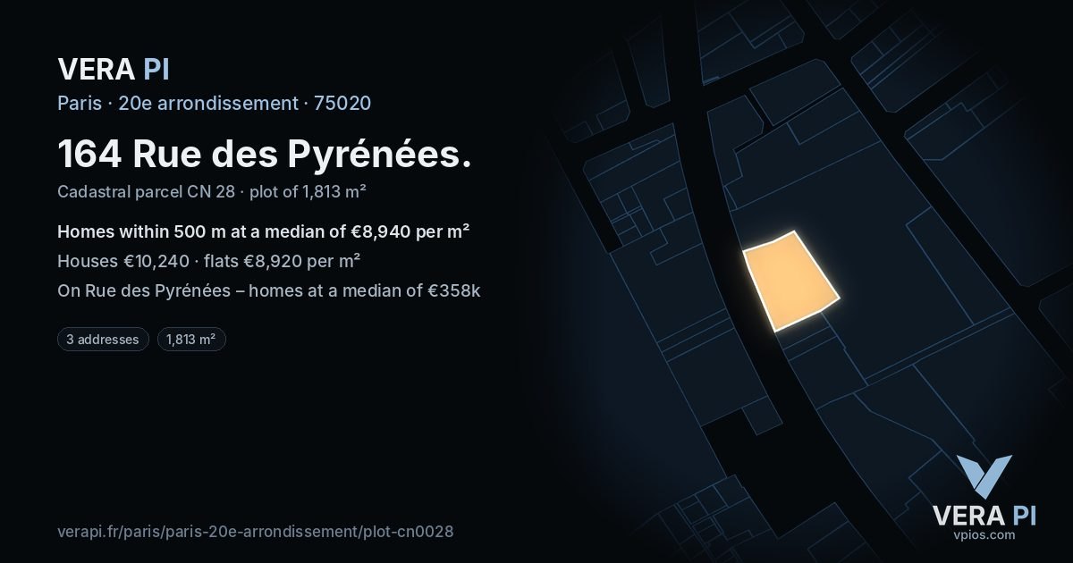 164 Rue des Pyrénées, 20e arrondissement at night – the plot lit, the parcels around coloured by the prices near them
