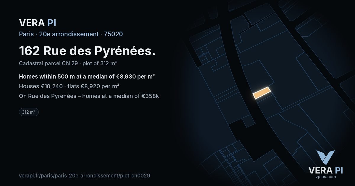 162 Rue des Pyrénées, 20e arrondissement at night – the plot lit, the parcels around coloured by the prices near them