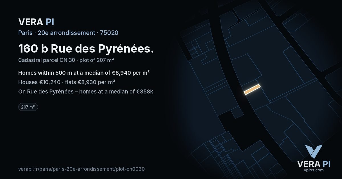 160 b Rue des Pyrénées, 20e arrondissement at night – the plot lit, the parcels around coloured by the prices near them