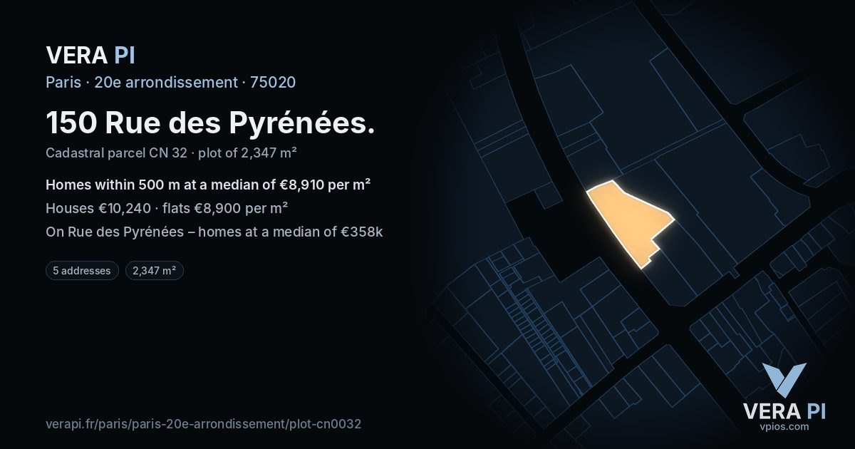 150 Rue des Pyrénées, 20e arrondissement at night – the plot lit, the parcels around coloured by the prices near them