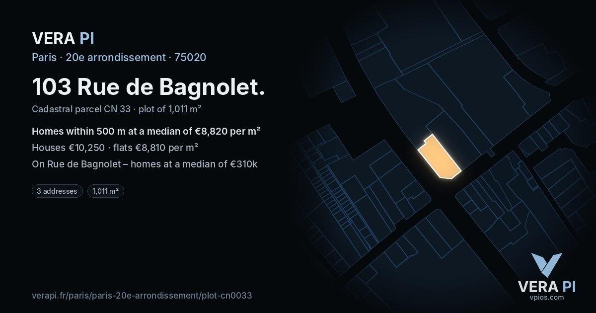 103 Rue de Bagnolet, 20e arrondissement at night – the plot lit, the parcels around coloured by the prices near them