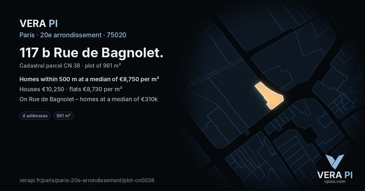 117 b Rue de Bagnolet, 20e arrondissement at night – the plot lit, the parcels around coloured by the prices near them