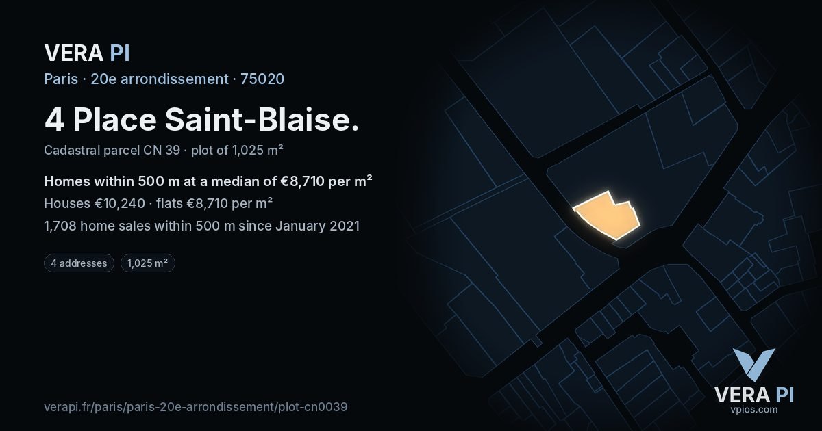 4 Place Saint-Blaise, 20e arrondissement at night – the plot lit, the parcels around coloured by the prices near them