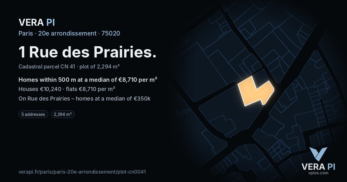 1 Rue des Prairies, 20e arrondissement at night – the plot lit, the parcels around coloured by the prices near them