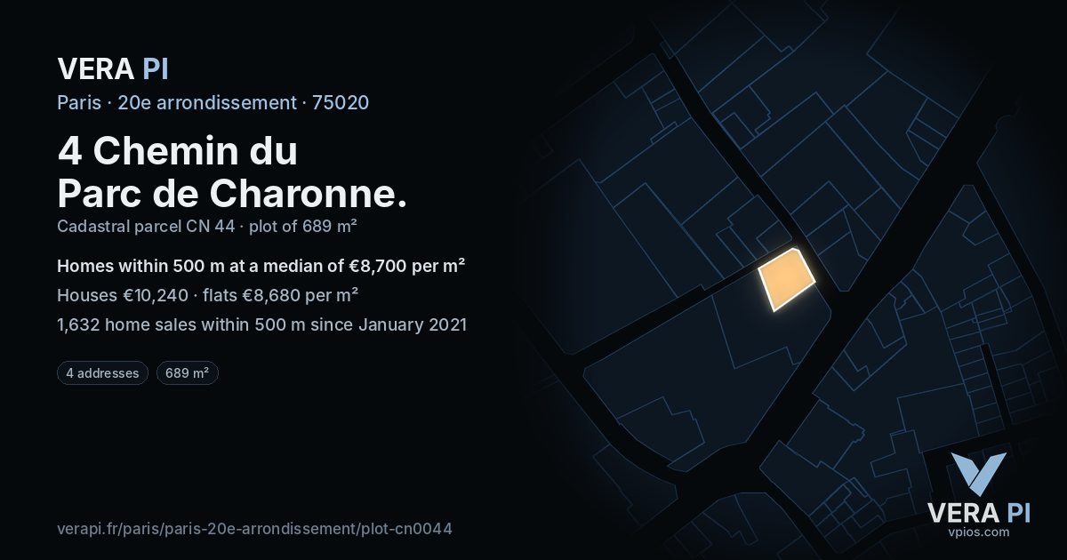 4 Chemin du Parc de Charonne, 20e arrondissement at night – the plot lit, the parcels around coloured by the prices near them