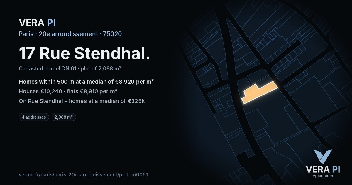 17 Rue Stendhal, 20e arrondissement at night – the plot lit, the parcels around coloured by the prices near them