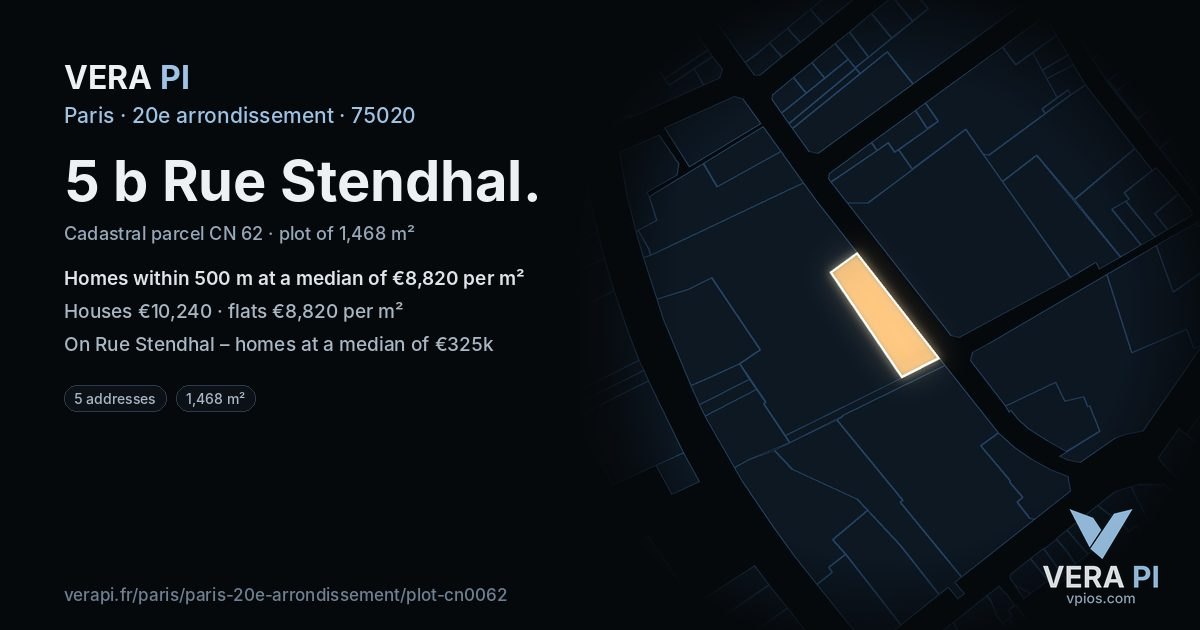 5 b Rue Stendhal, 20e arrondissement at night – the plot lit, the parcels around coloured by the prices near them