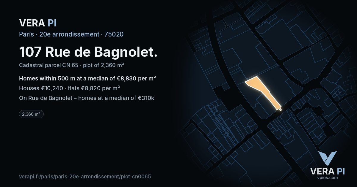107 Rue de Bagnolet, 20e arrondissement at night – the plot lit, the parcels around coloured by the prices near them