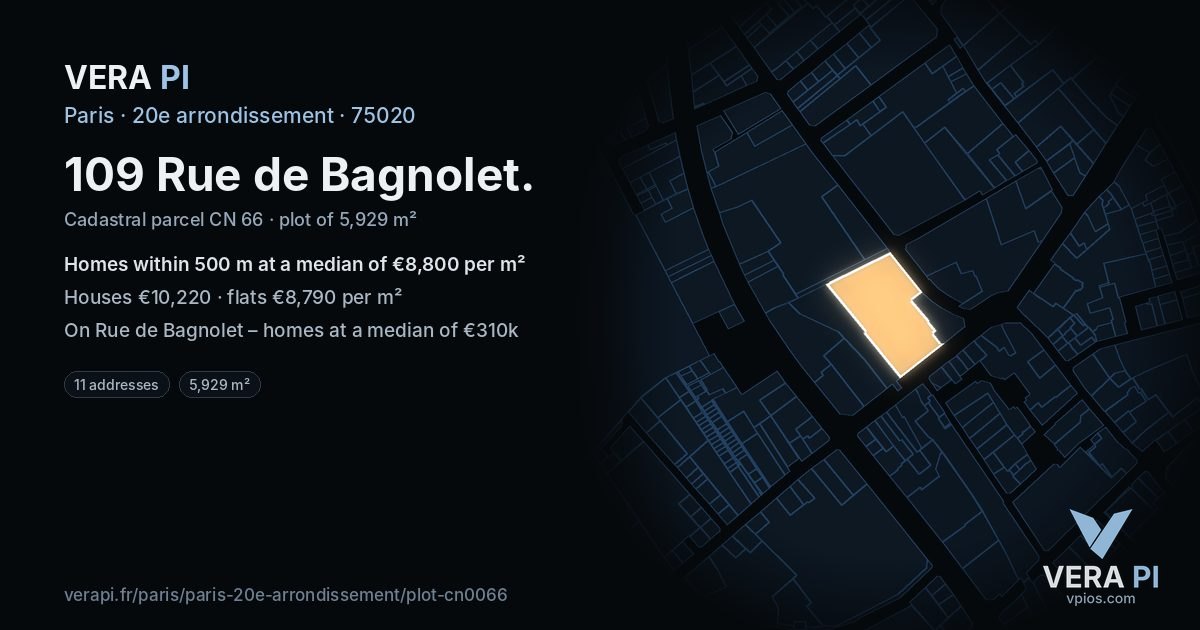 109 Rue de Bagnolet, 20e arrondissement at night – the plot lit, the parcels around coloured by the prices near them