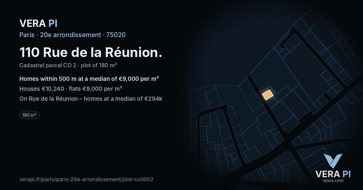 110 Rue de la Réunion, 20e arrondissement at night – the plot lit, the parcels around coloured by the prices near them