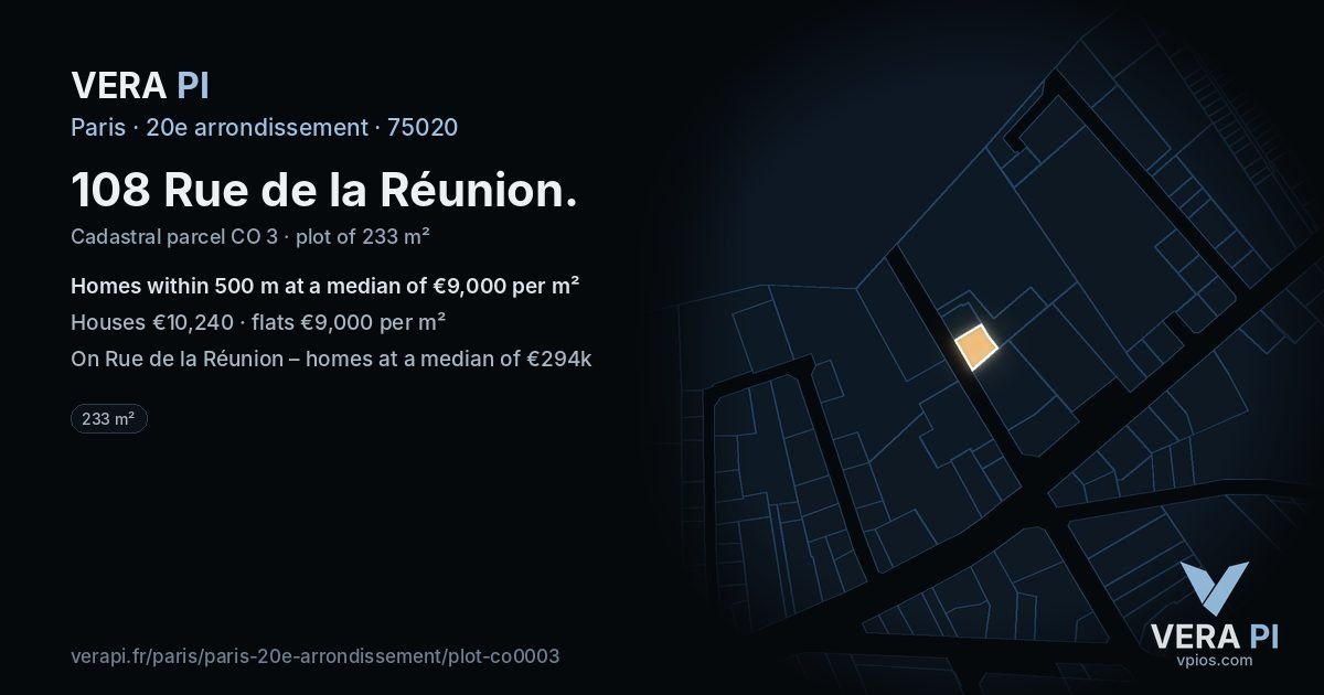 108 Rue de la Réunion, 20e arrondissement at night – the plot lit, the parcels around coloured by the prices near them
