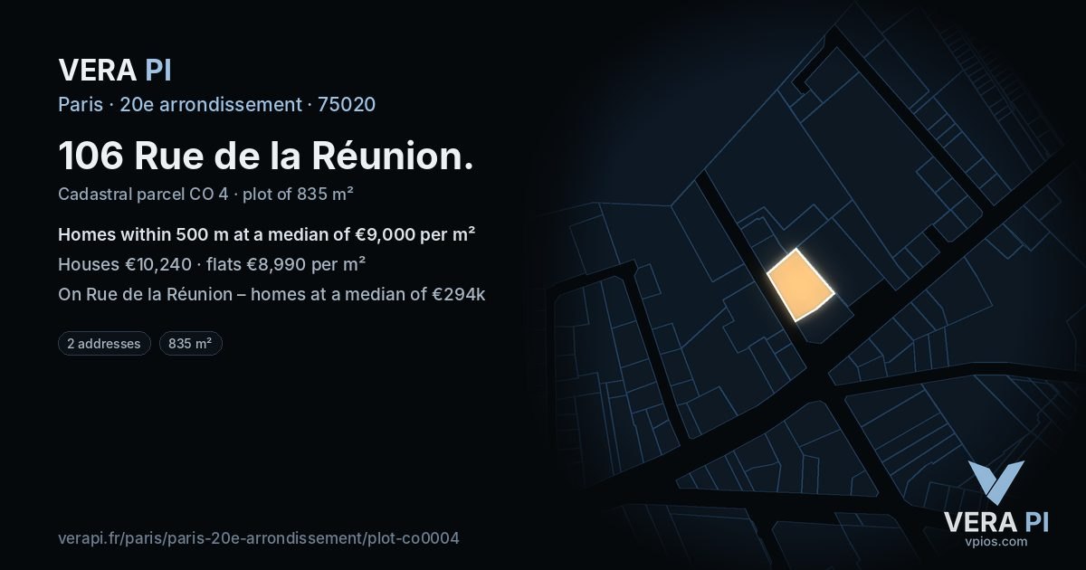 106 Rue de la Réunion, 20e arrondissement at night – the plot lit, the parcels around coloured by the prices near them