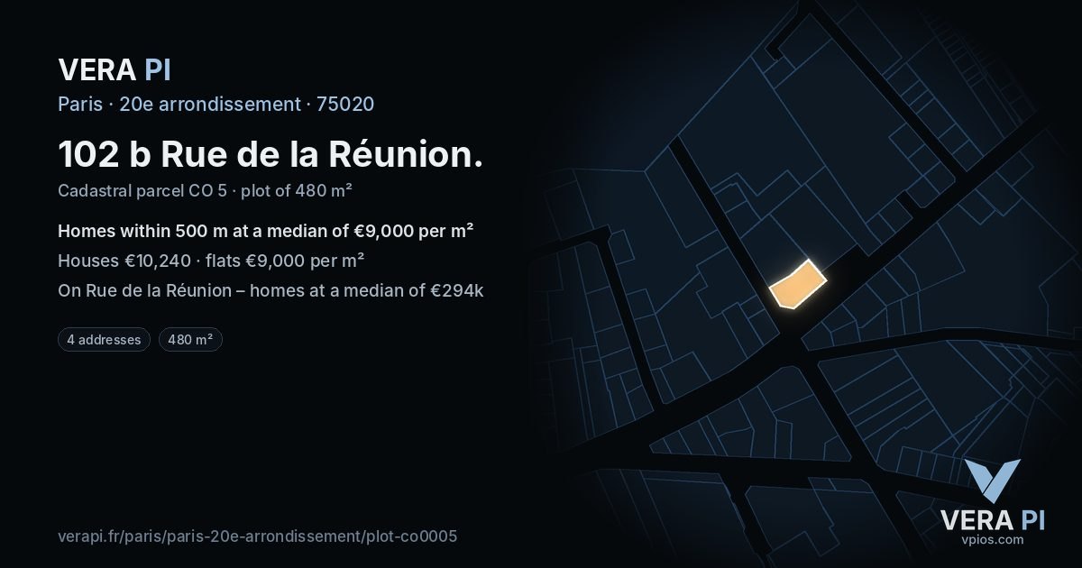 102 b Rue de la Réunion, 20e arrondissement at night – the plot lit, the parcels around coloured by the prices near them