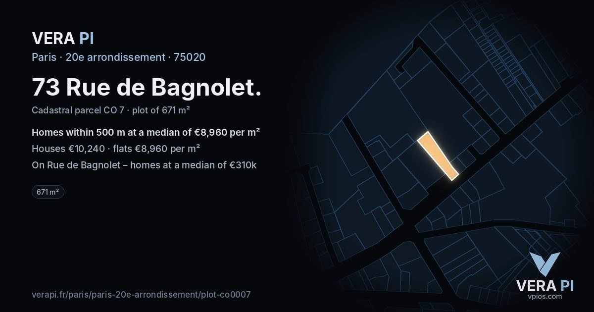 73 Rue de Bagnolet, 20e arrondissement at night – the plot lit, the parcels around coloured by the prices near them