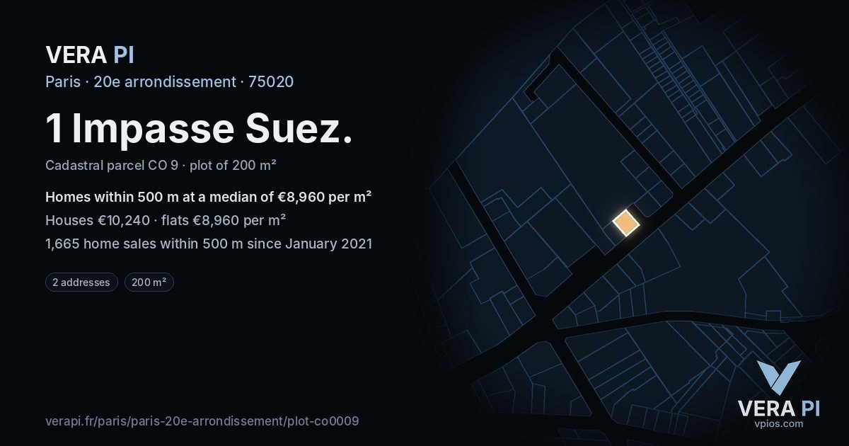 1 Impasse Suez, 20e arrondissement at night – the plot lit, the parcels around coloured by the prices near them