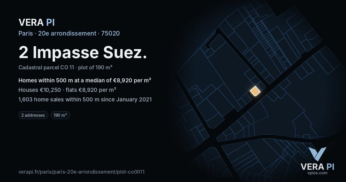 2 Impasse Suez, 20e arrondissement at night – the plot lit, the parcels around coloured by the prices near them