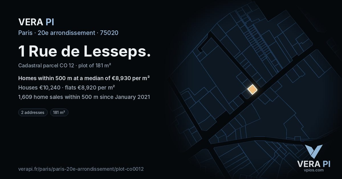 1 Rue de Lesseps, 20e arrondissement at night – the plot lit, the parcels around coloured by the prices near them