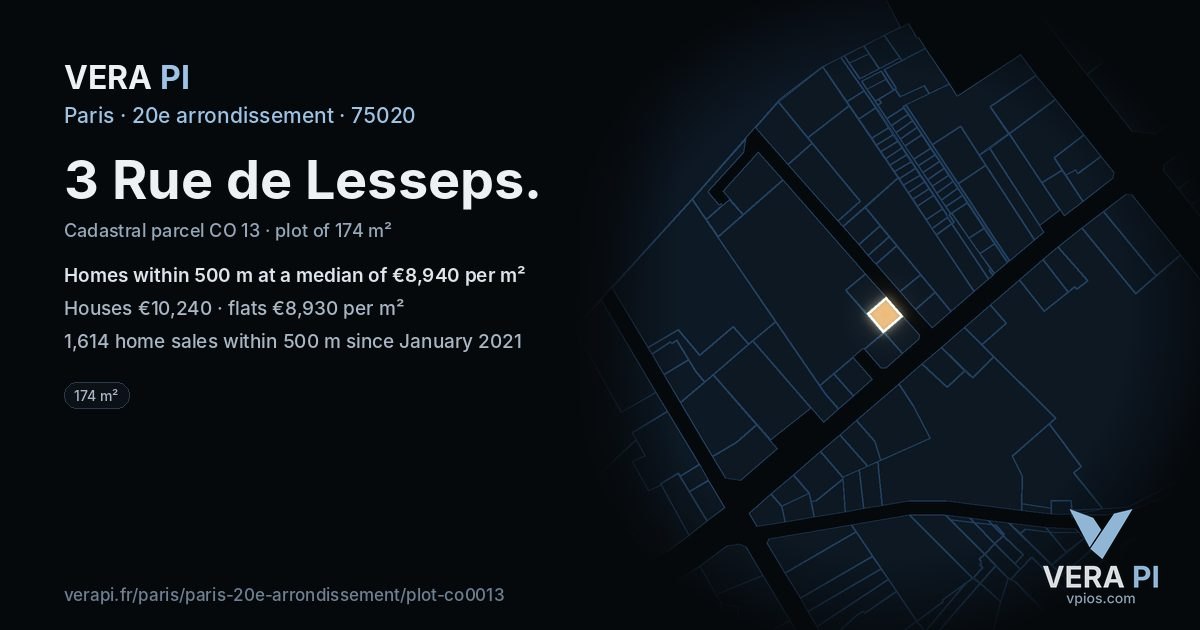 3 Rue de Lesseps, 20e arrondissement at night – the plot lit, the parcels around coloured by the prices near them
