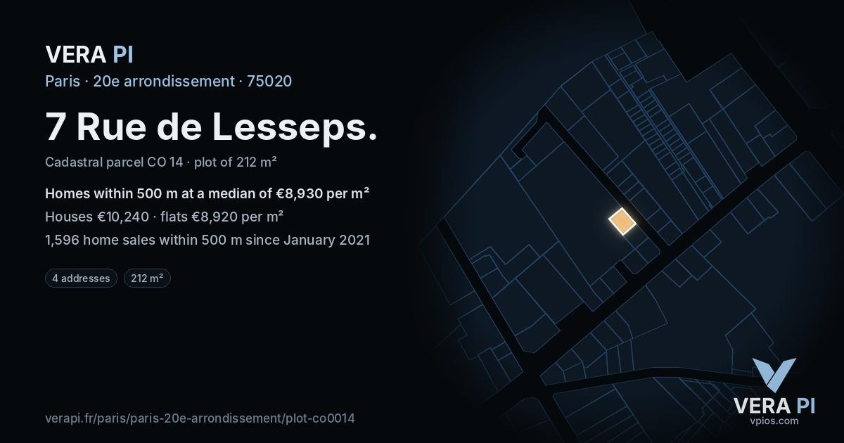 7 Rue de Lesseps, 20e arrondissement at night – the plot lit, the parcels around coloured by the prices near them