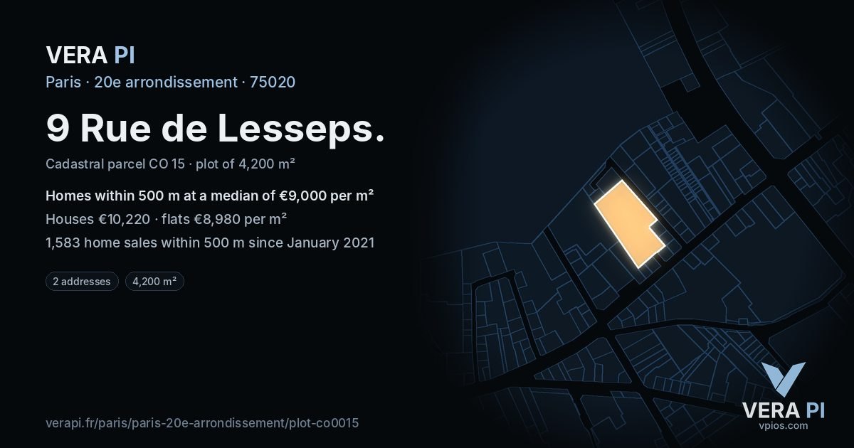 9 Rue de Lesseps, 20e arrondissement at night – the plot lit, the parcels around coloured by the prices near them