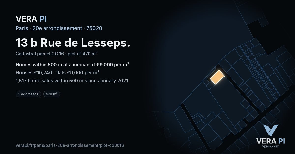 13 b Rue de Lesseps, 20e arrondissement at night – the plot lit, the parcels around coloured by the prices near them