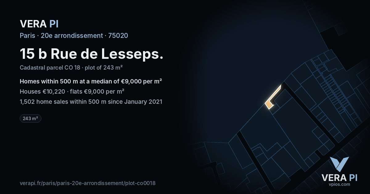 15 b Rue de Lesseps, 20e arrondissement at night – the plot lit, the parcels around coloured by the prices near them