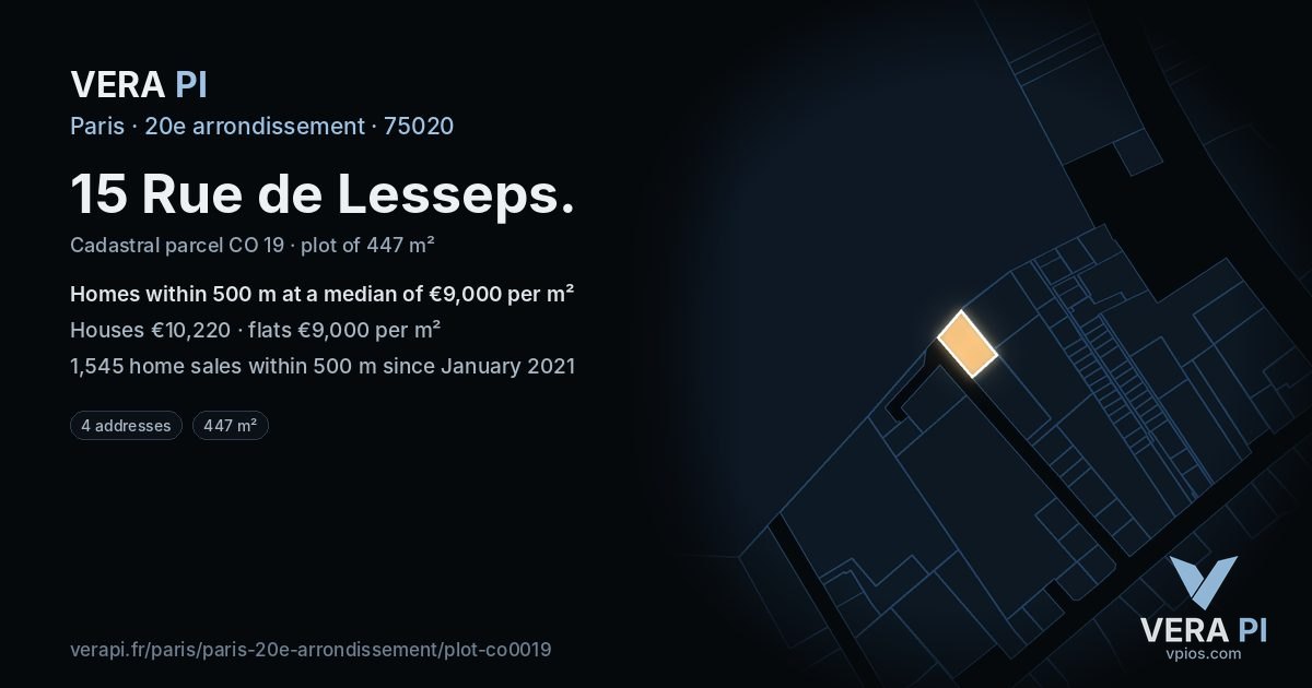 15 Rue de Lesseps, 20e arrondissement at night – the plot lit, the parcels around coloured by the prices near them