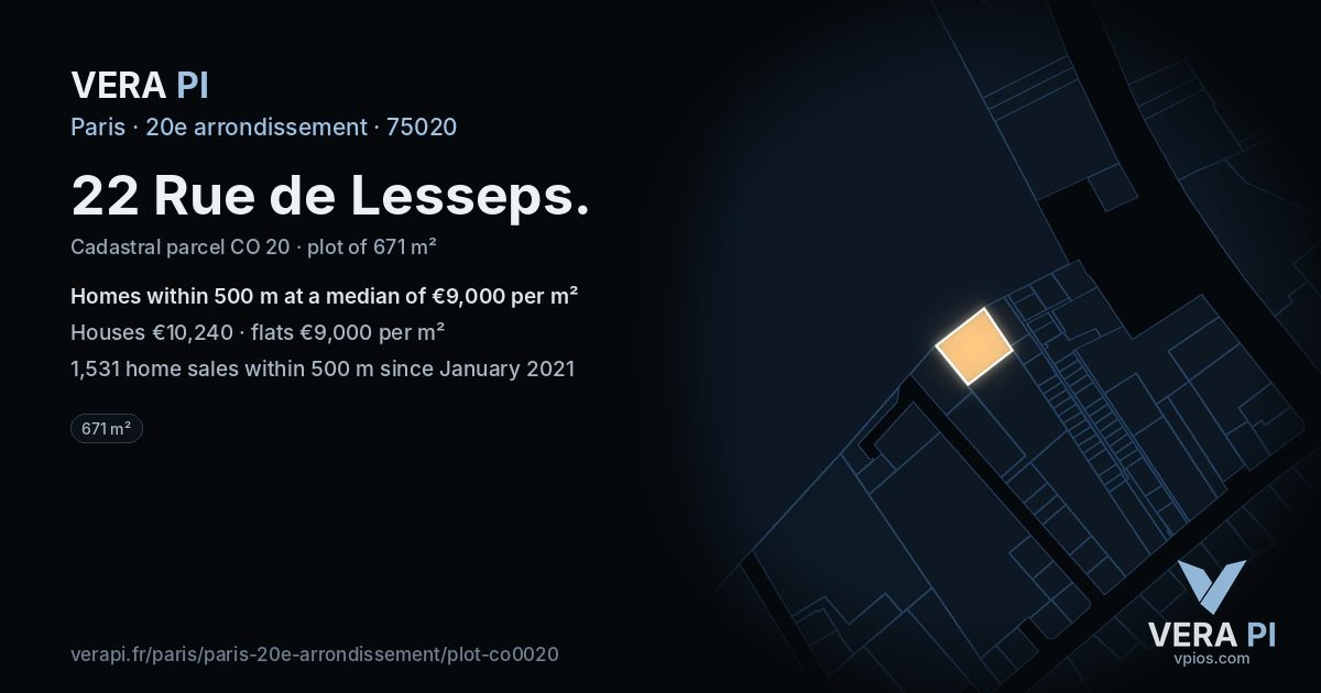 22 Rue de Lesseps, 20e arrondissement at night – the plot lit, the parcels around coloured by the prices near them