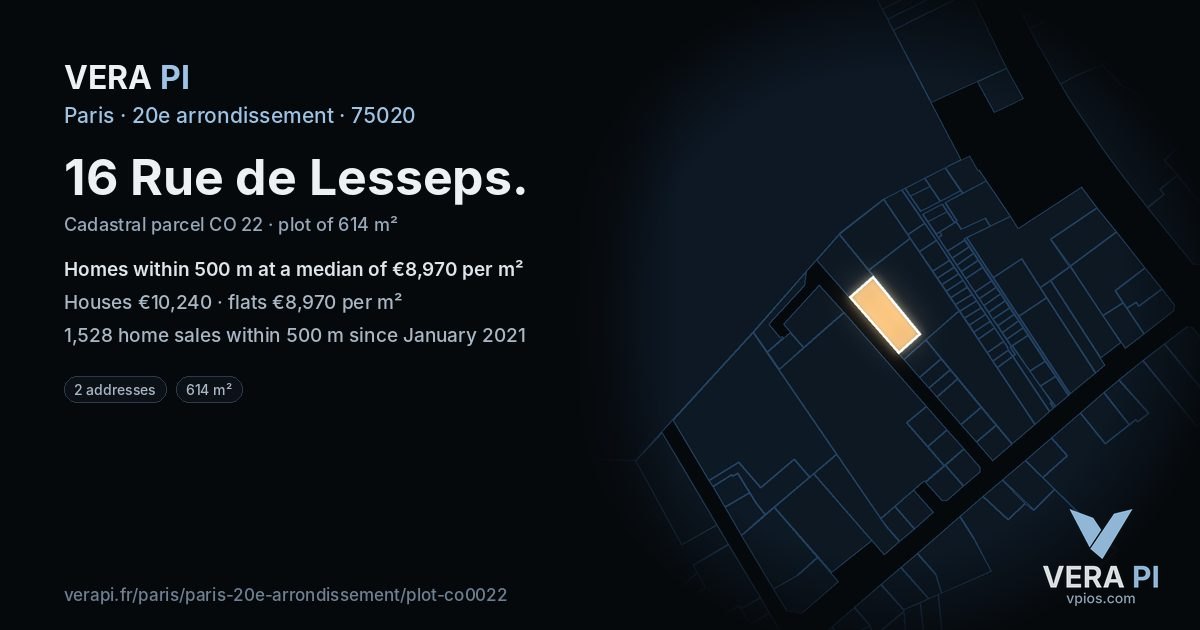 16 Rue de Lesseps, 20e arrondissement at night – the plot lit, the parcels around coloured by the prices near them
