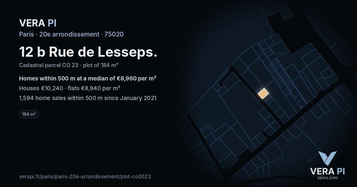12 b Rue de Lesseps, 20e arrondissement at night – the plot lit, the parcels around coloured by the prices near them