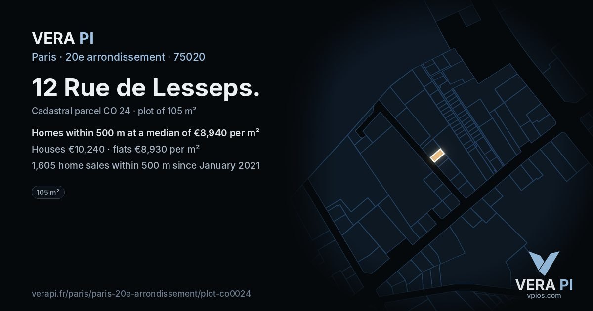 12 Rue de Lesseps, 20e arrondissement at night – the plot lit, the parcels around coloured by the prices near them