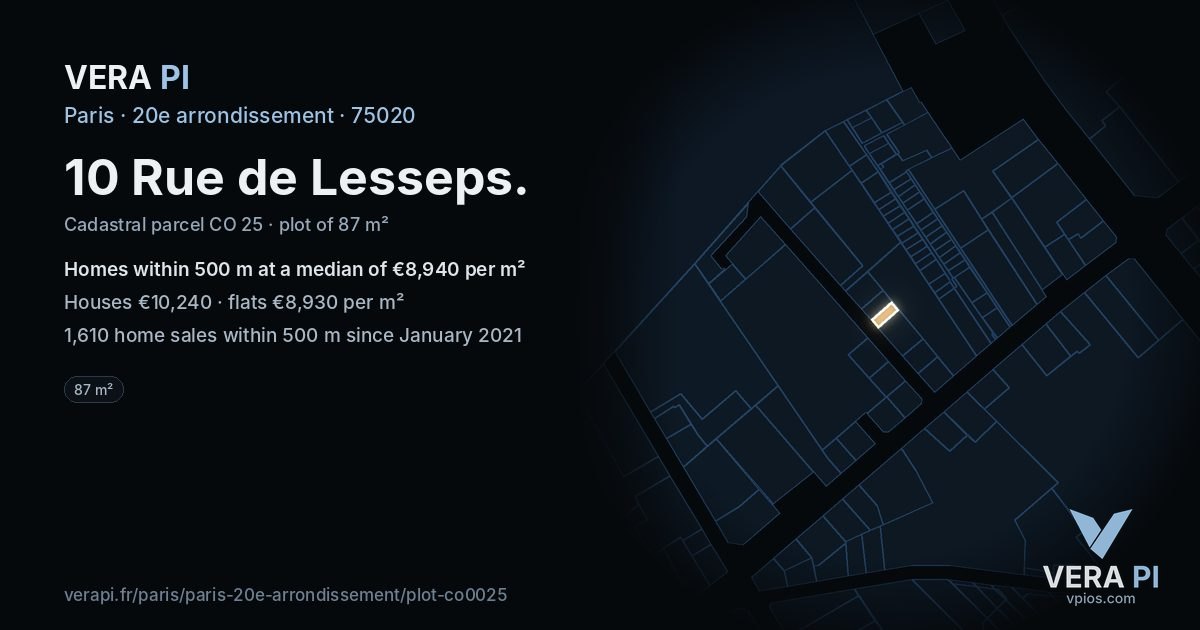 10 Rue de Lesseps, 20e arrondissement at night – the plot lit, the parcels around coloured by the prices near them