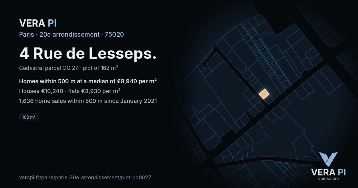 4 Rue de Lesseps, 20e arrondissement at night – the plot lit, the parcels around coloured by the prices near them