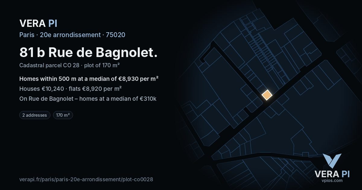 81 b Rue de Bagnolet, 20e arrondissement at night – the plot lit, the parcels around coloured by the prices near them