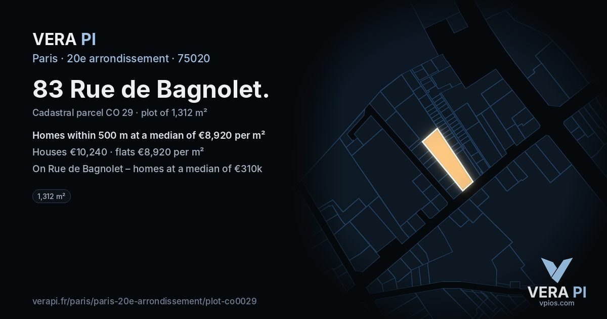 83 Rue de Bagnolet, 20e arrondissement at night – the plot lit, the parcels around coloured by the prices near them