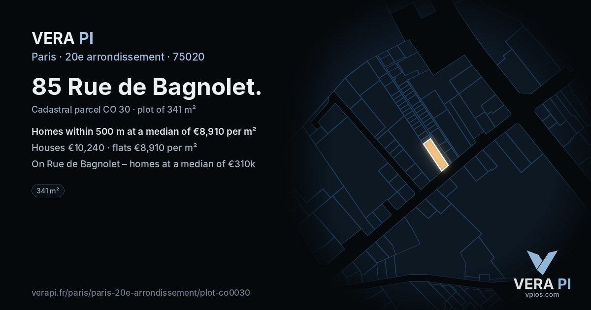 85 Rue de Bagnolet, 20e arrondissement at night – the plot lit, the parcels around coloured by the prices near them