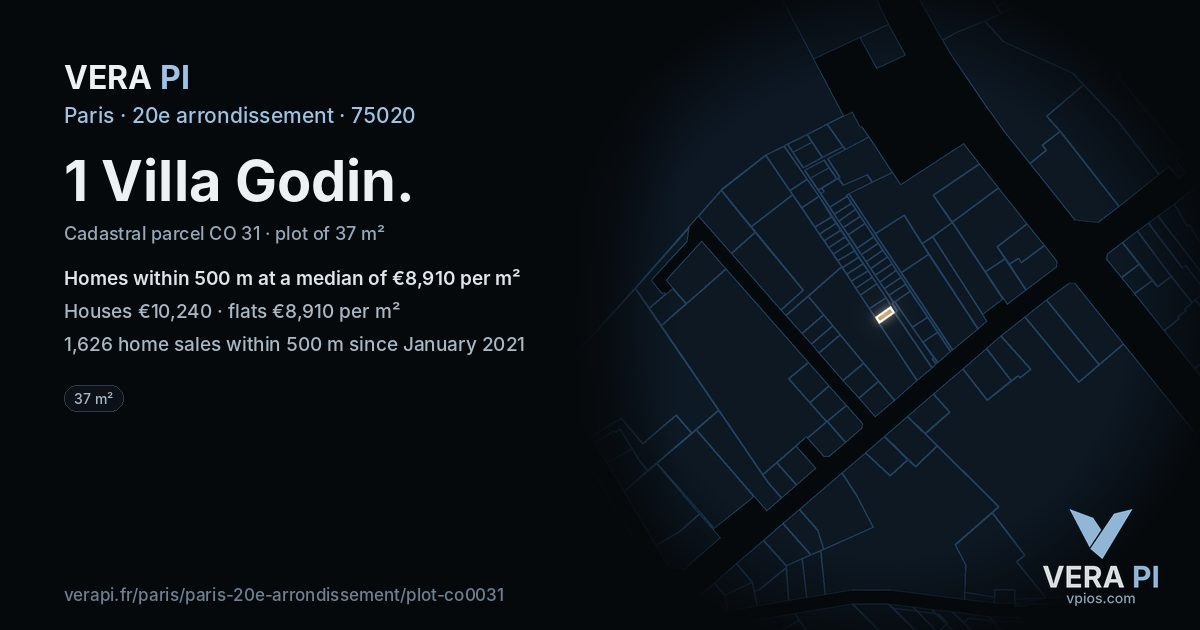 1 Villa Godin, 20e arrondissement at night – the plot lit, the parcels around coloured by the prices near them