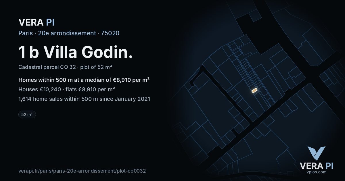 1 b Villa Godin, 20e arrondissement at night – the plot lit, the parcels around coloured by the prices near them
