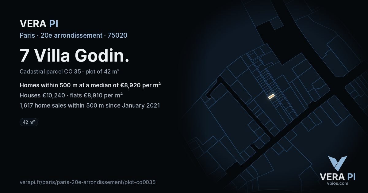 7 Villa Godin, 20e arrondissement at night – the plot lit, the parcels around coloured by the prices near them