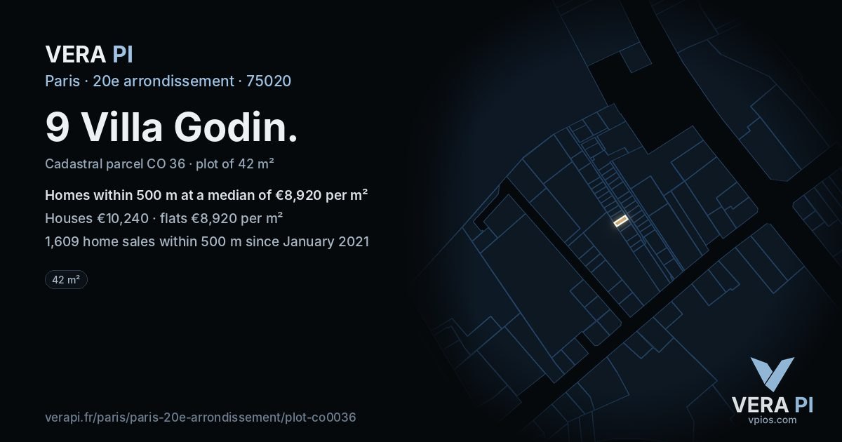 9 Villa Godin, 20e arrondissement at night – the plot lit, the parcels around coloured by the prices near them