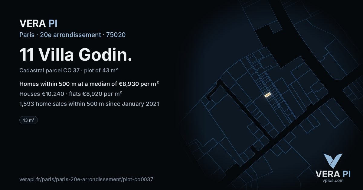 11 Villa Godin, 20e arrondissement at night – the plot lit, the parcels around coloured by the prices near them