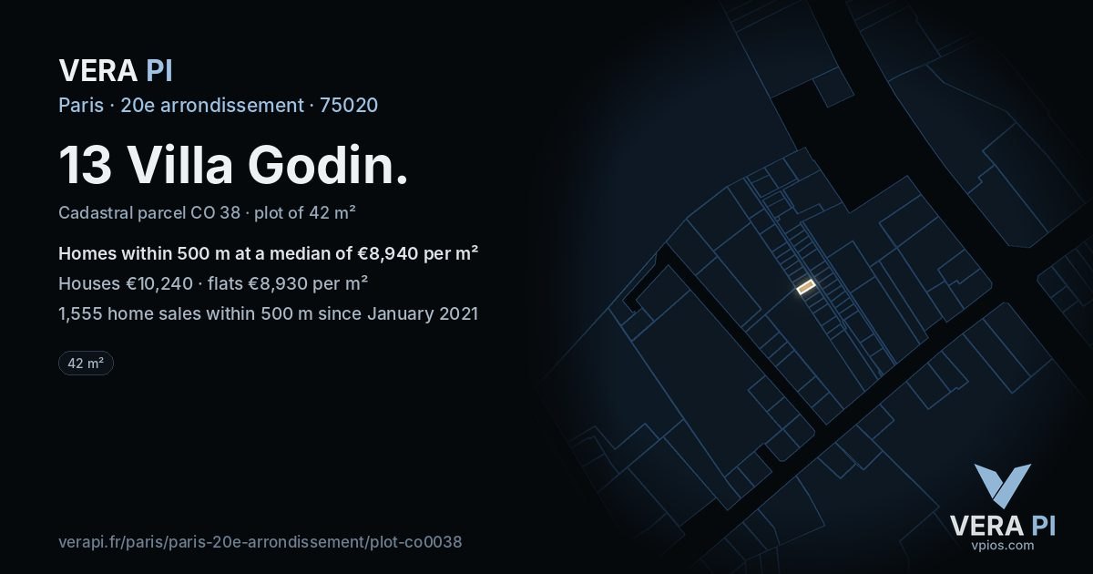 13 Villa Godin, 20e arrondissement at night – the plot lit, the parcels around coloured by the prices near them