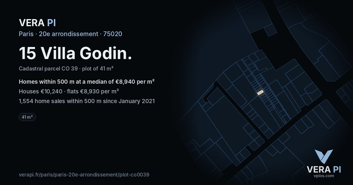 15 Villa Godin, 20e arrondissement at night – the plot lit, the parcels around coloured by the prices near them