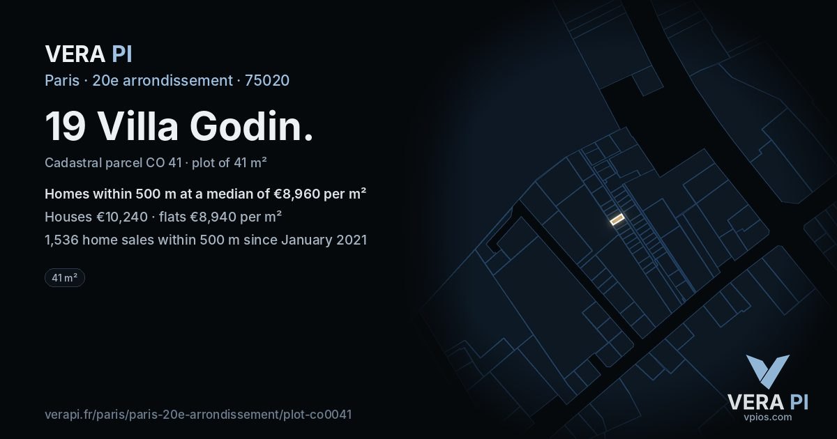 19 Villa Godin, 20e arrondissement at night – the plot lit, the parcels around coloured by the prices near them