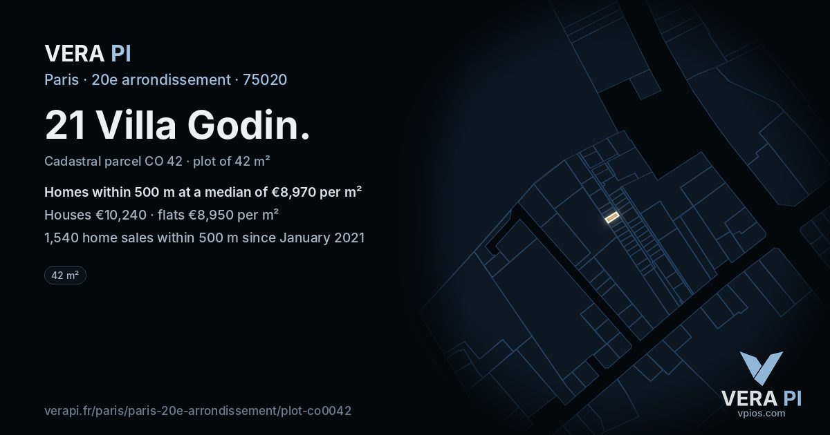 21 Villa Godin, 20e arrondissement at night – the plot lit, the parcels around coloured by the prices near them