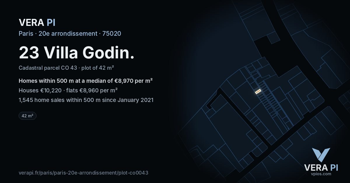 23 Villa Godin, 20e arrondissement at night – the plot lit, the parcels around coloured by the prices near them
