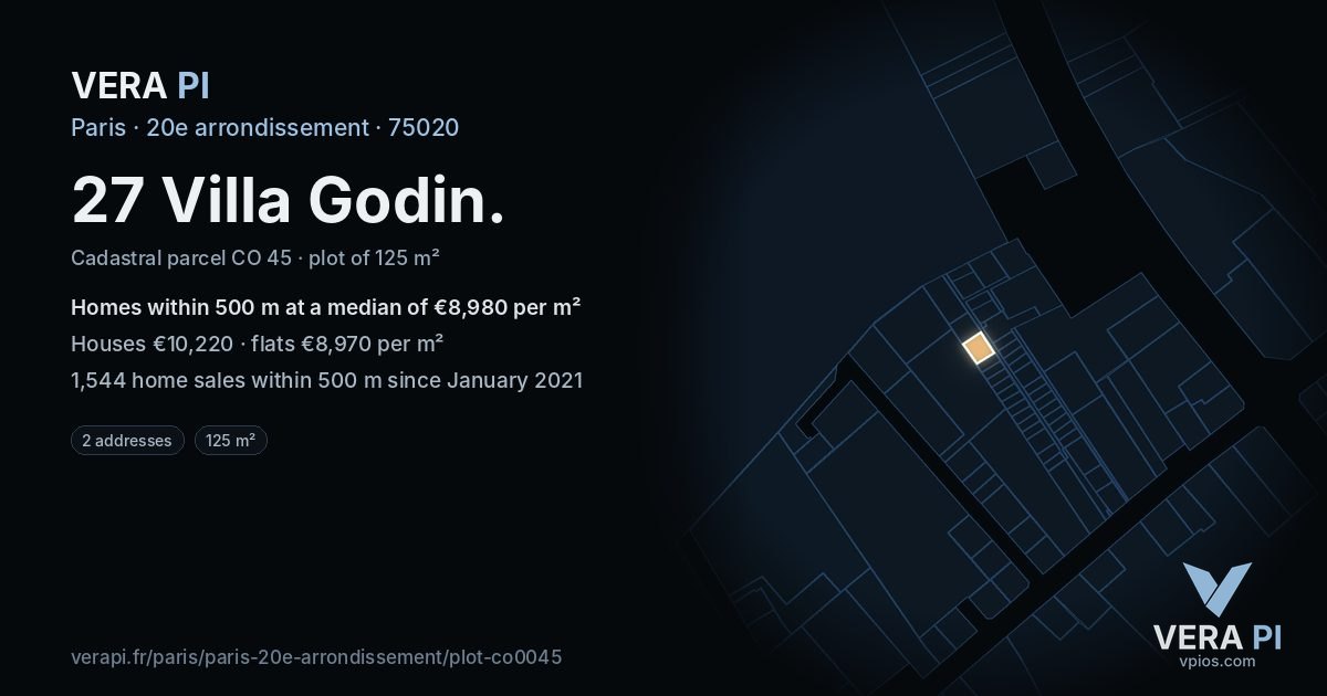27 Villa Godin, 20e arrondissement at night – the plot lit, the parcels around coloured by the prices near them