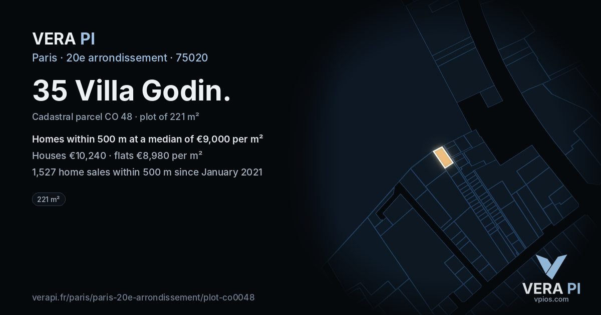 35 Villa Godin, 20e arrondissement at night – the plot lit, the parcels around coloured by the prices near them